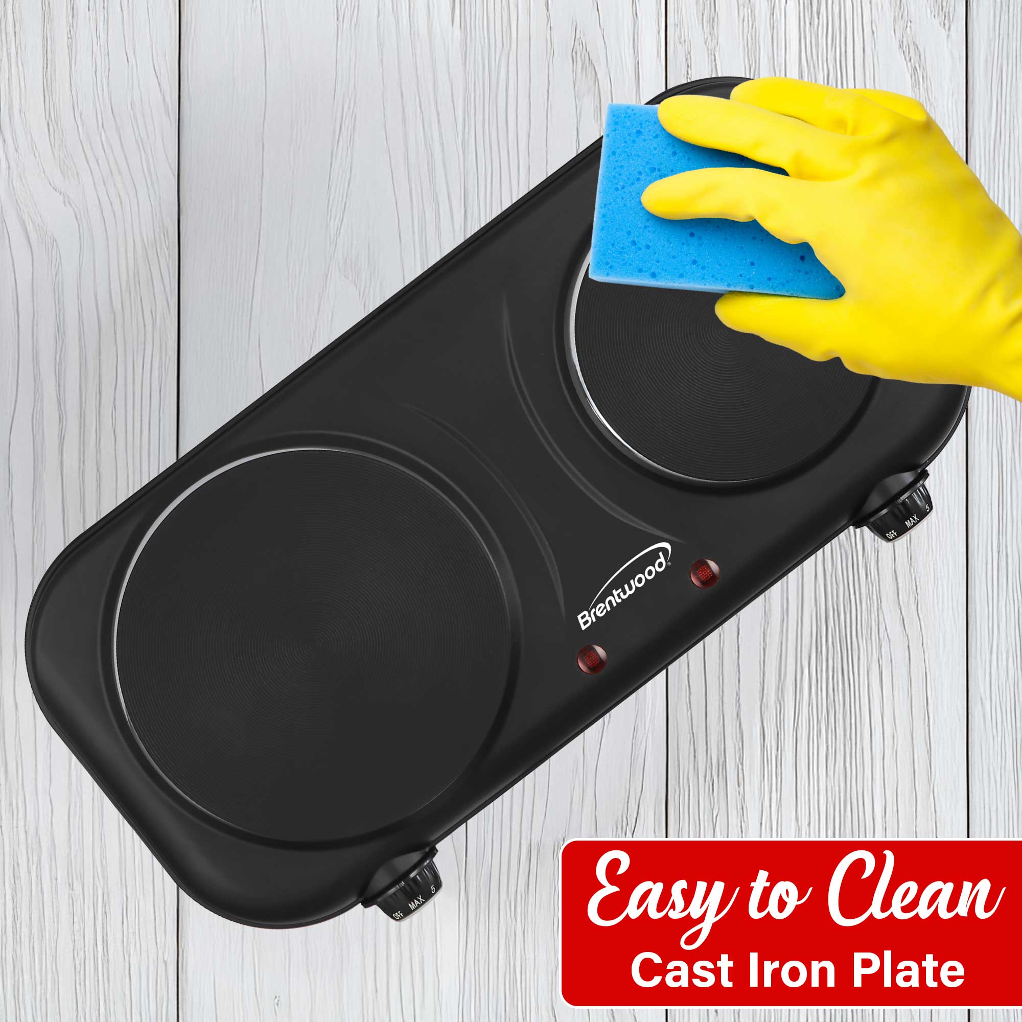 Brentwood TS-332BK 1800w Countertop Double Cast Iron Burner Electric Hot Plates with Temperature Control and Power Indicator Light, Easy to Clean, Black