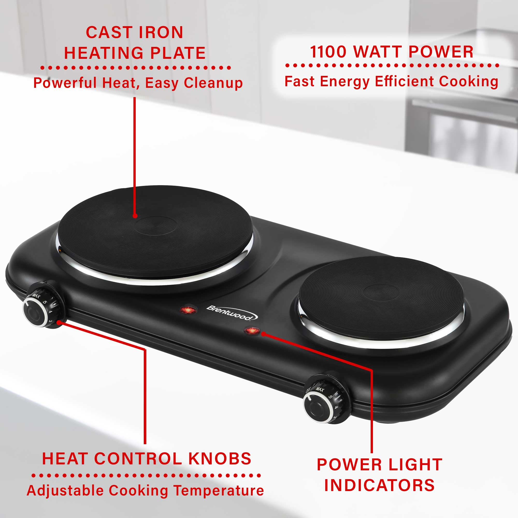 Brentwood TS-332BK 1800w Countertop Double Cast Iron Burner Electric Hot Plates with Temperature Control and Power Indicator Light, Easy to Clean, Black