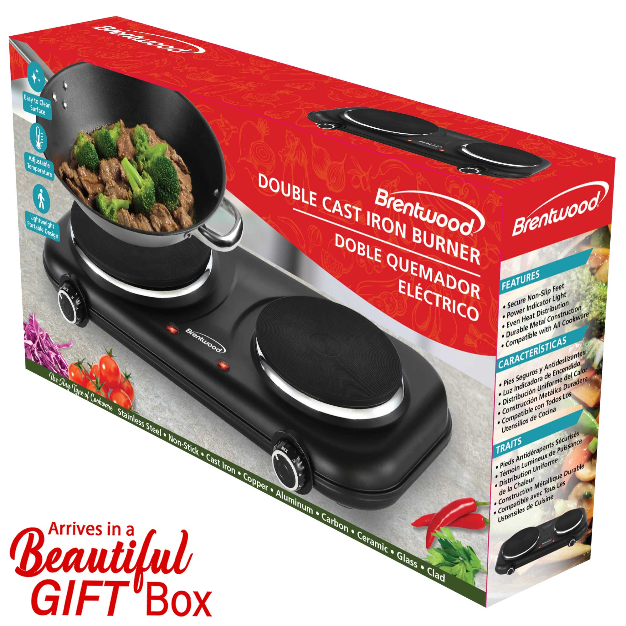 Brentwood TS-332BK 1800w Countertop Double Cast Iron Burner Electric Hot Plates with Temperature Control and Power Indicator Light, Easy to Clean, Black