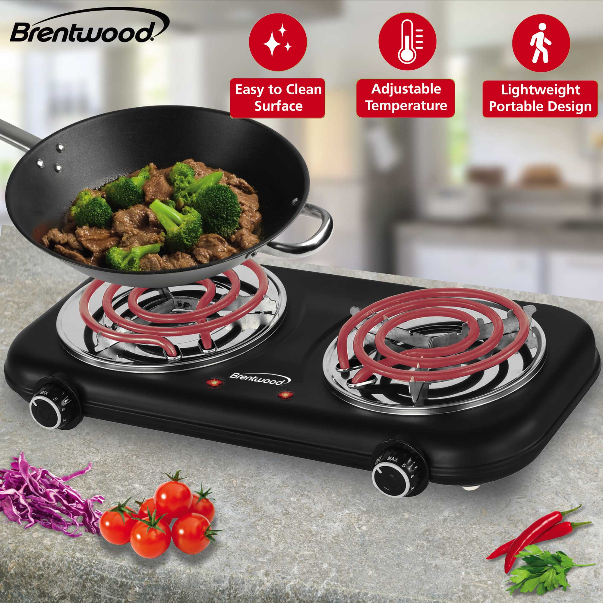 Brentwood TS-363BK 1800w Countertop Double Coiled Electric Burner with Temperature Control and Power Indicator Light, Easy to Clean, Black