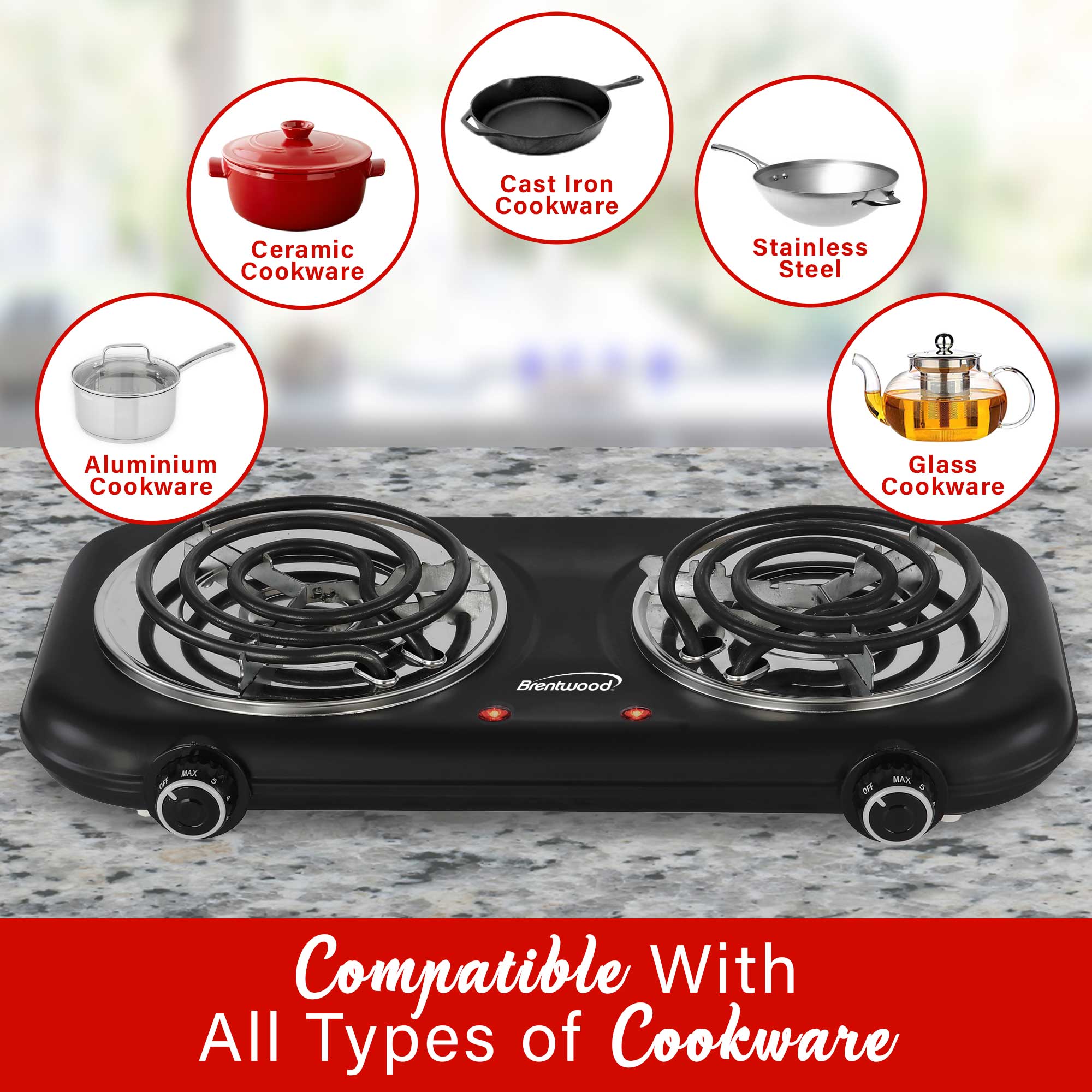 Brentwood TS-363BK 1800w Countertop Double Coiled Electric Burner with Temperature Control and Power Indicator Light, Easy to Clean, Black