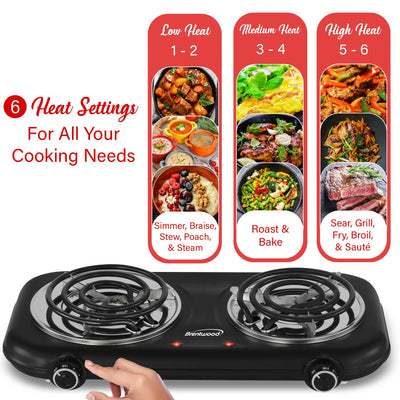 Brentwood TS-363BK 1100w Countertop Double Coiled Electric Burner with Temperature Control and Power Indicator Light, Easy to Clean, Black