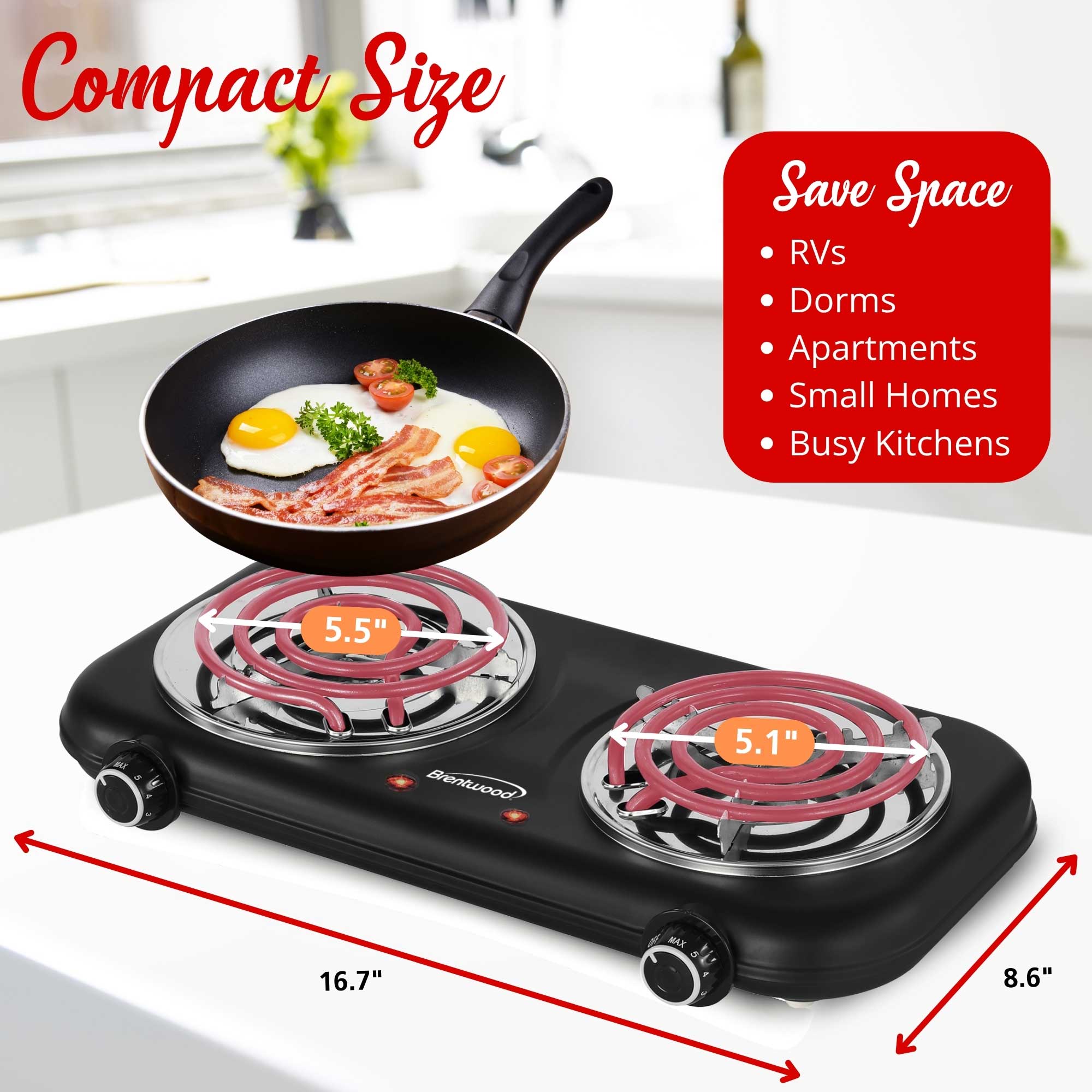 Brentwood TS-363BK 1800w Countertop Double Coiled Electric Burner with Temperature Control and Power Indicator Light, Easy to Clean, Black
