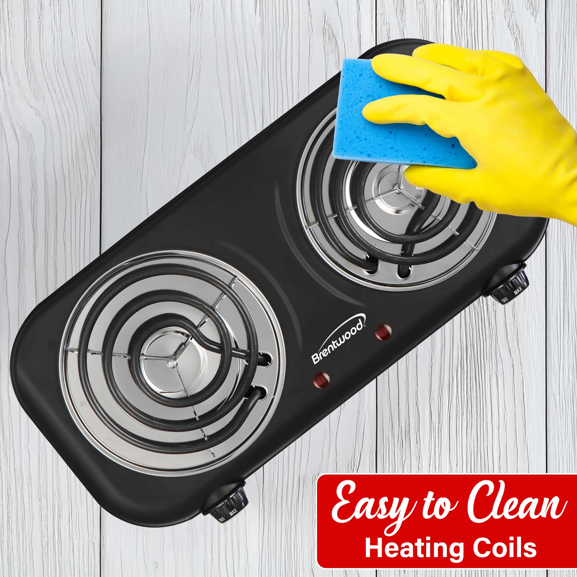 Brentwood TS-363BK 1800w Countertop Double Coiled Electric Burner with Temperature Control and Power Indicator Light, Easy to Clean, Black