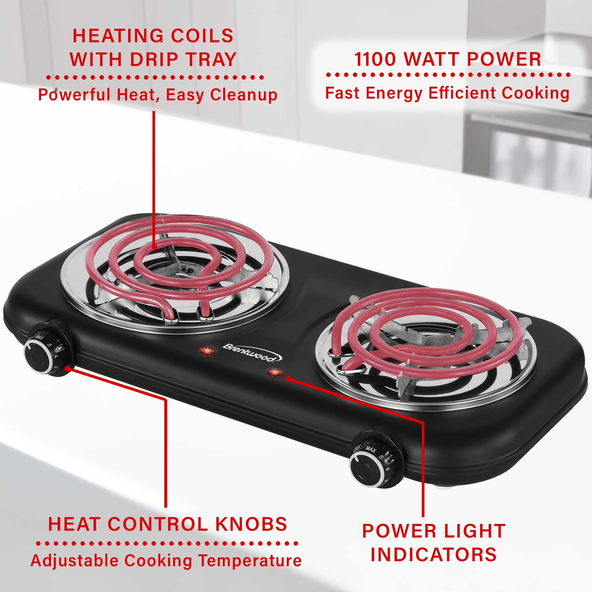 Brentwood TS-363BK 1800w Countertop Double Coiled Electric Burner with Temperature Control and Power Indicator Light, Easy to Clean, Black