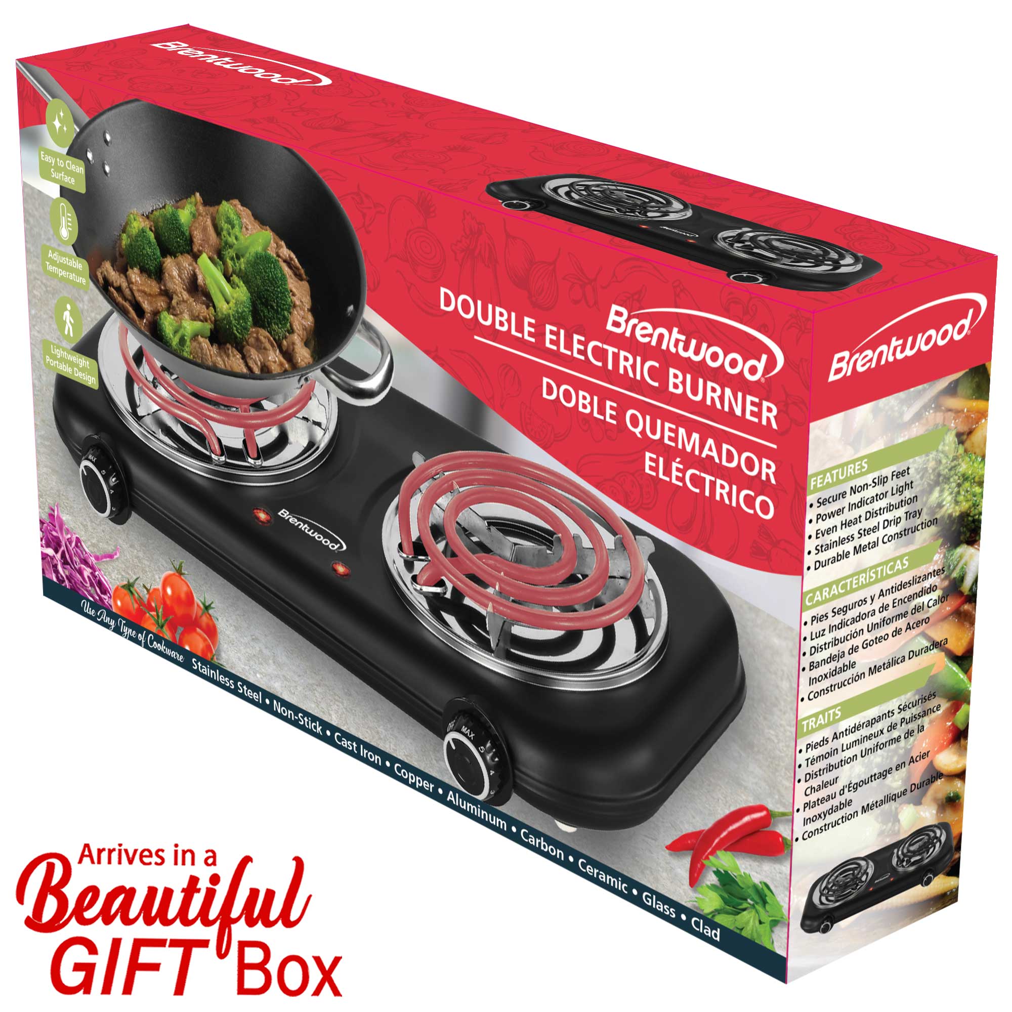 Brentwood TS-363BK 1800w Countertop Double Coiled Electric Burner with Temperature Control and Power Indicator Light, Easy to Clean, Black