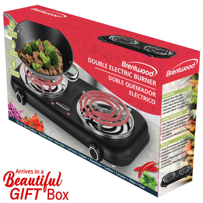 Brentwood TS-363BK 1100w Countertop Double Coiled Electric Burner with Temperature Control and Power Indicator Light, Easy to Clean, Black