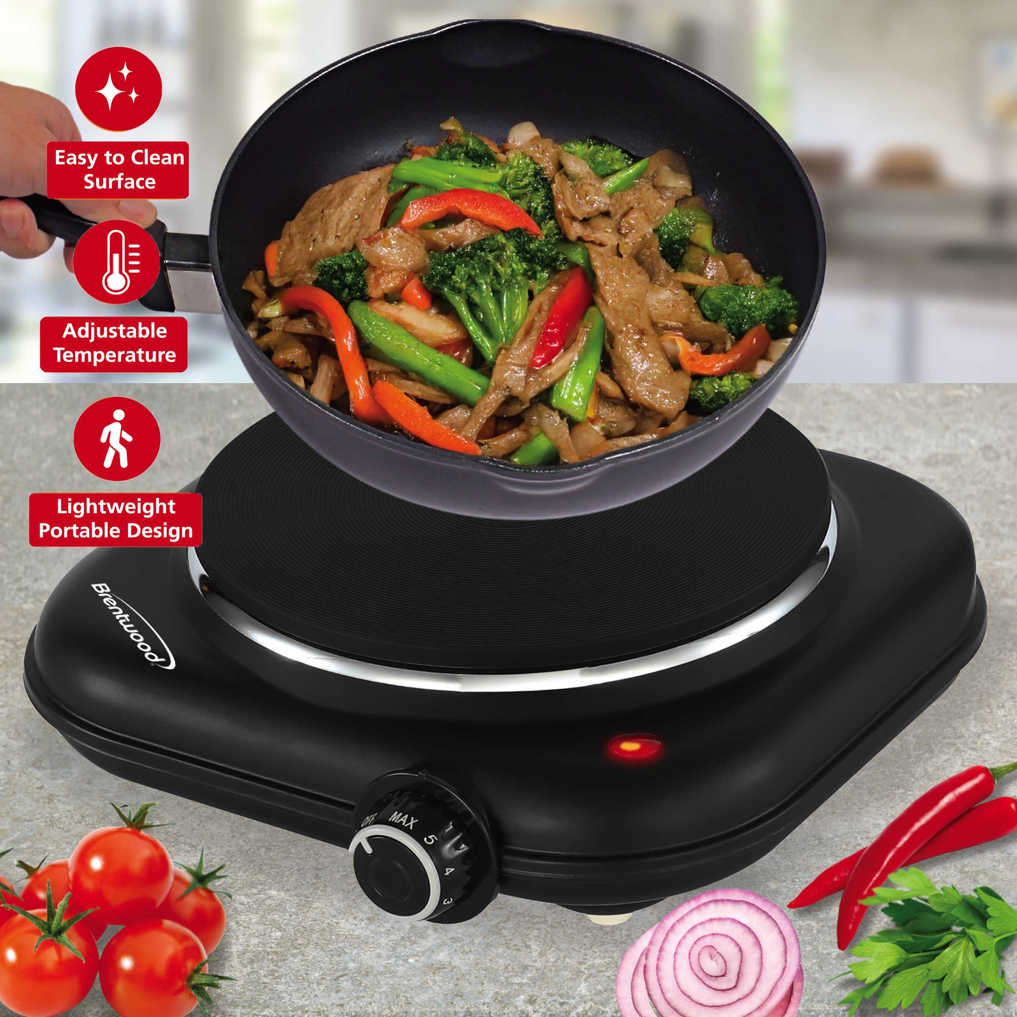 Brentwood TS-331BK 1100w Countertop Single Cast Iron Burner Hot Plate with Temperature Control and Power Indicator Light, Easy to Clean, Black