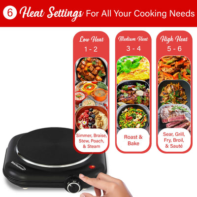 Brentwood TS-331BK 1100w Countertop Single Cast Iron Burner Hot Plate with Temperature Control and Power Indicator Light, Easy to Clean, Black