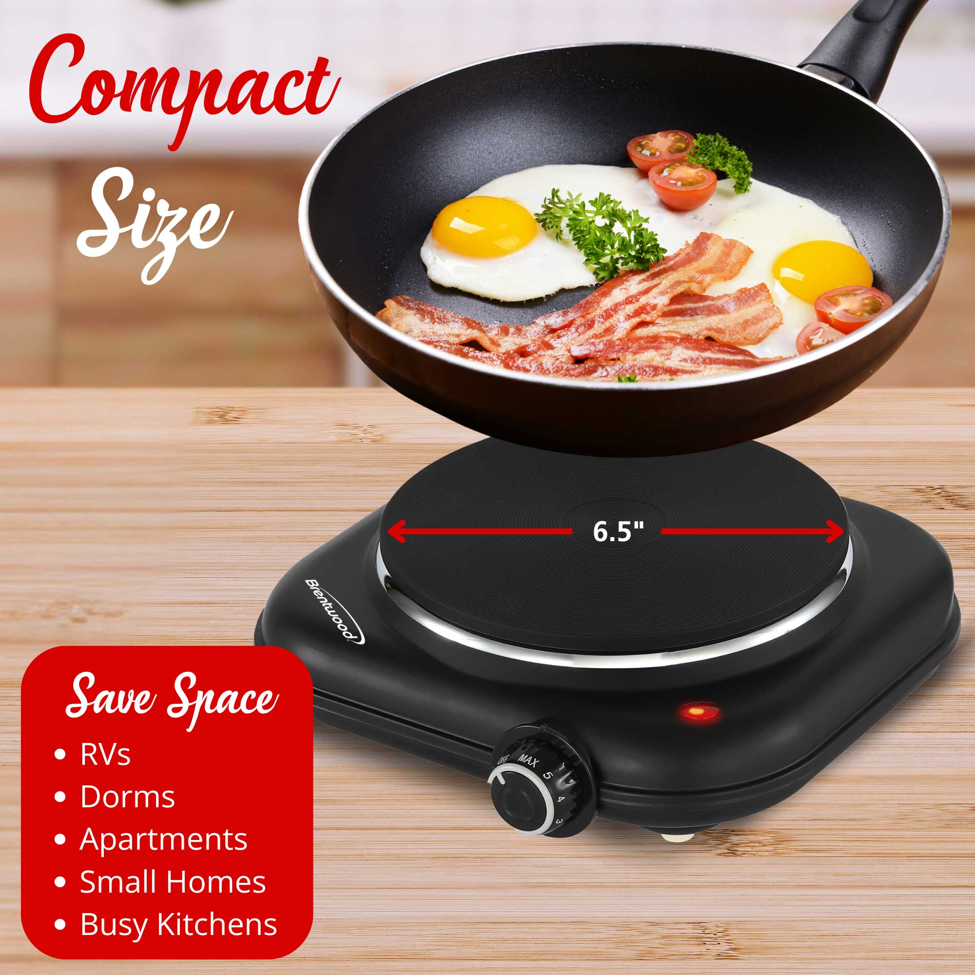 Brentwood TS-331BK 1100w Countertop Single Cast Iron Burner Hot Plate with Temperature Control and Power Indicator Light, Easy to Clean, Black