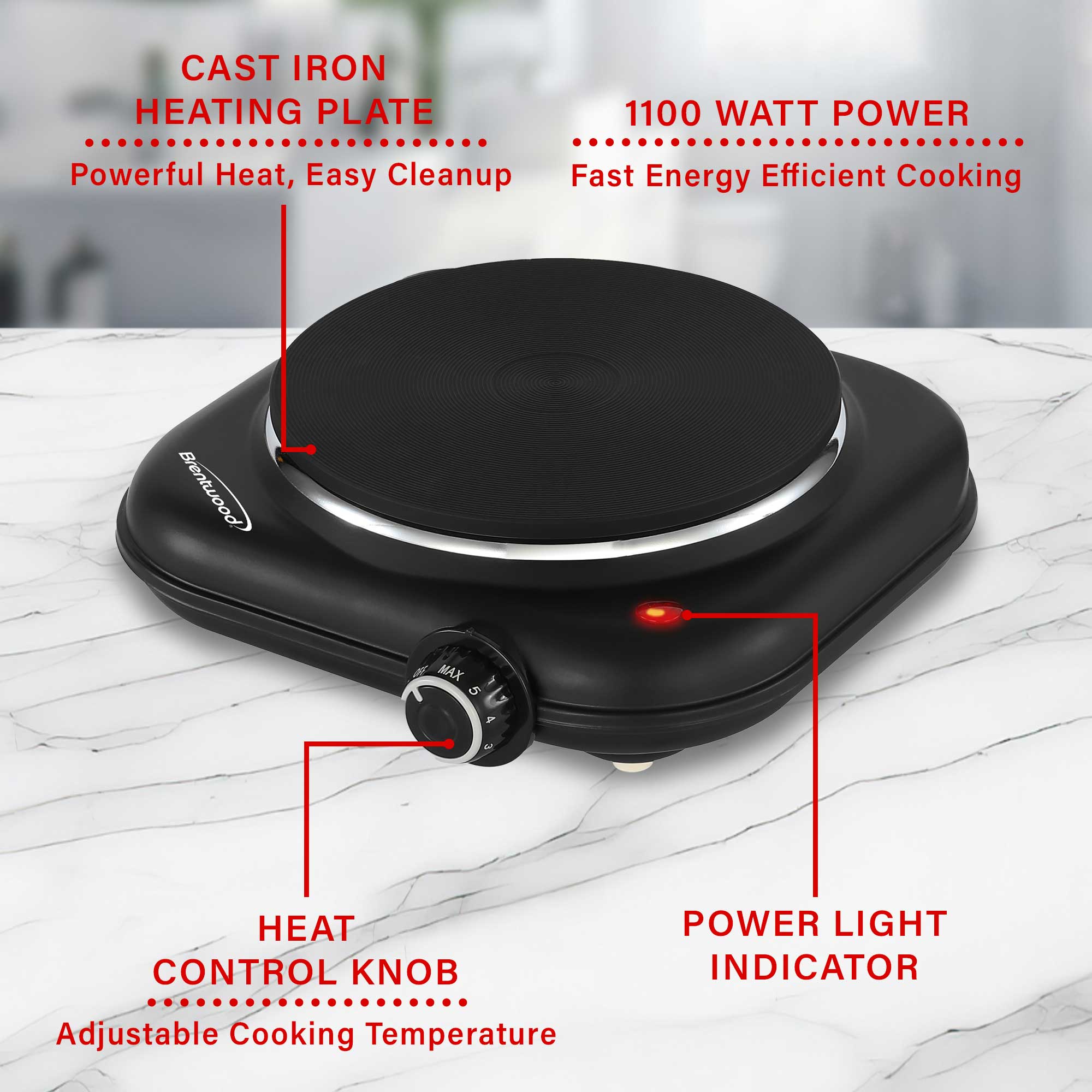 Brentwood TS-331BK 1100w Countertop Single Cast Iron Burner Hot Plate with Temperature Control and Power Indicator Light, Easy to Clean, Black