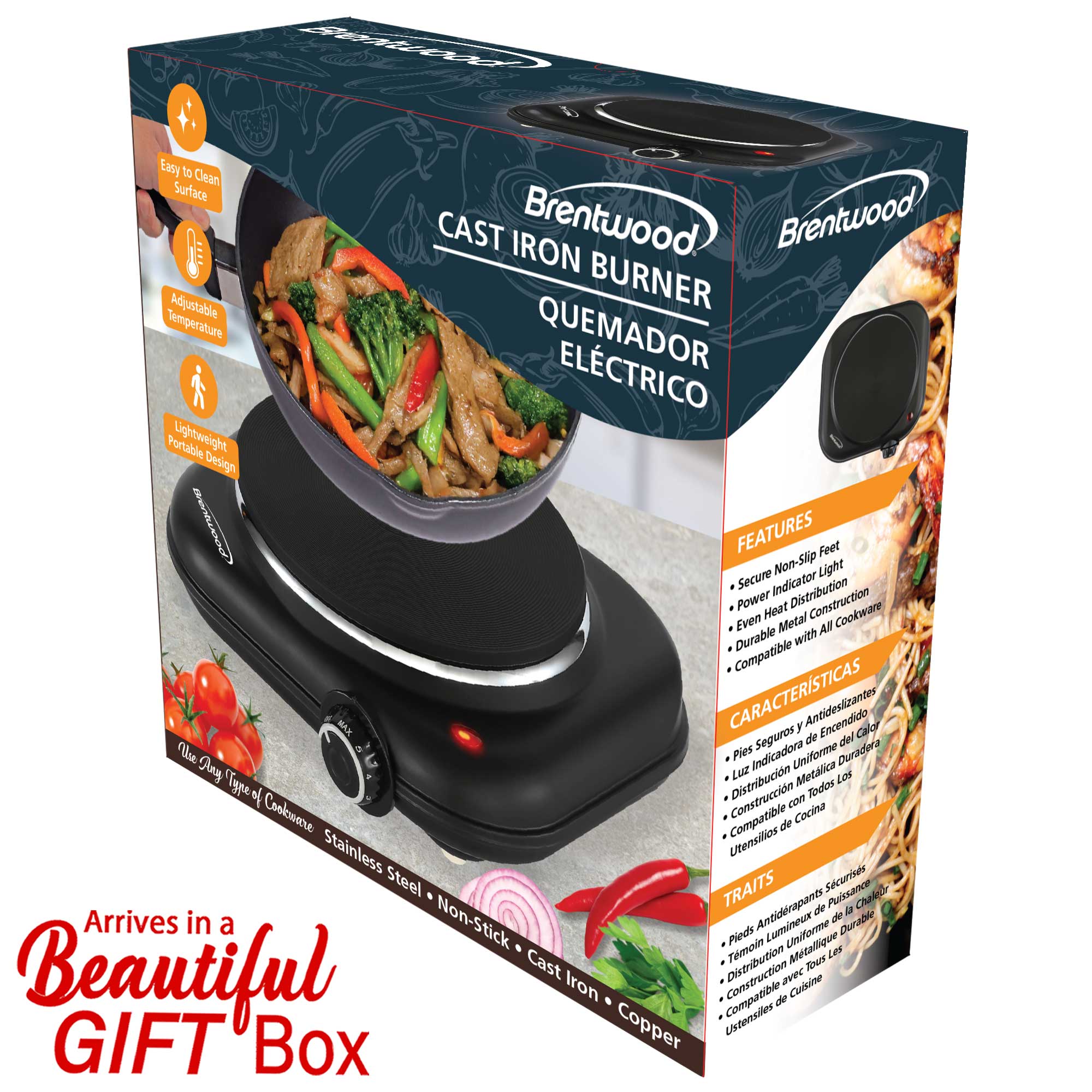 Brentwood TS-331BK 1100w Countertop Single Cast Iron Burner Hot Plate with Temperature Control and Power Indicator Light, Easy to Clean, Black