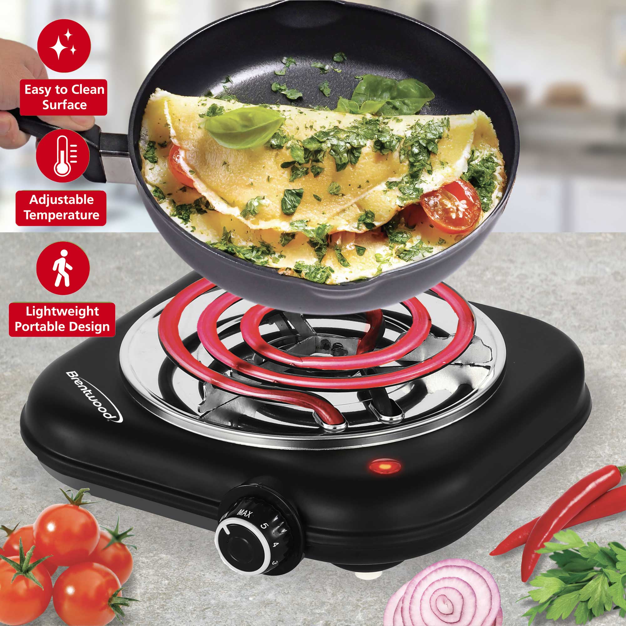 Brentwood TS-323BK 1100w Countertop Single Coiled Electric Burner with Temperature Control and Power Indicator Light, Easy to Clean, Black