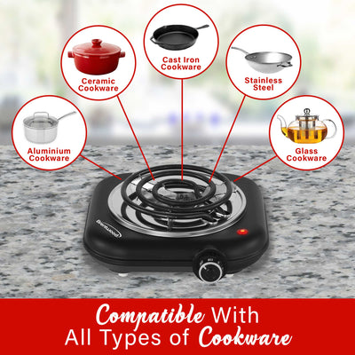 Brentwood TS-323BK 1100w Countertop Single Coiled Electric Burner with Temperature Control and Power Indicator Light, Easy to Clean, Black