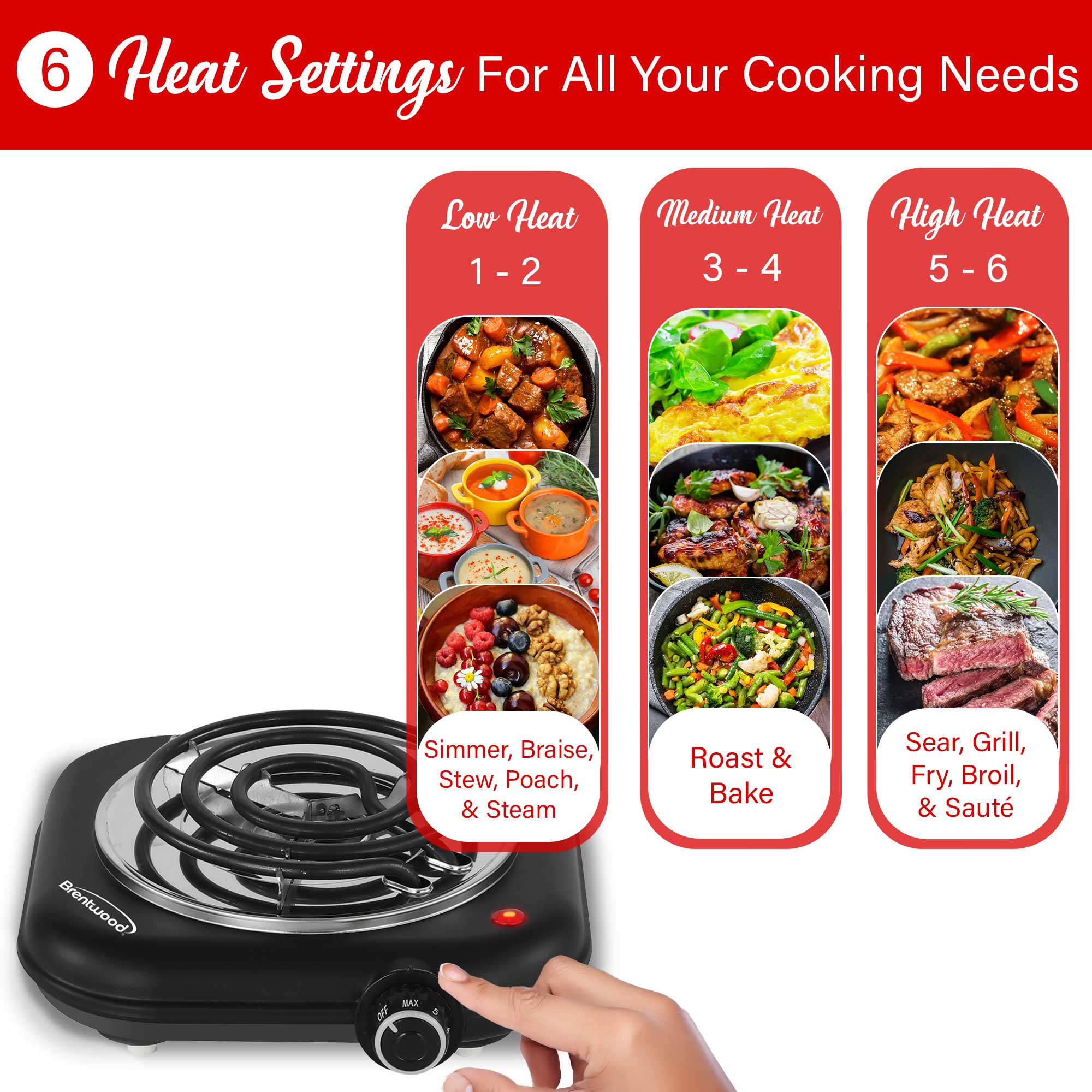 Brentwood TS-323BK 1100w Countertop Single Coiled Electric Burner with Temperature Control and Power Indicator Light, Easy to Clean, Black