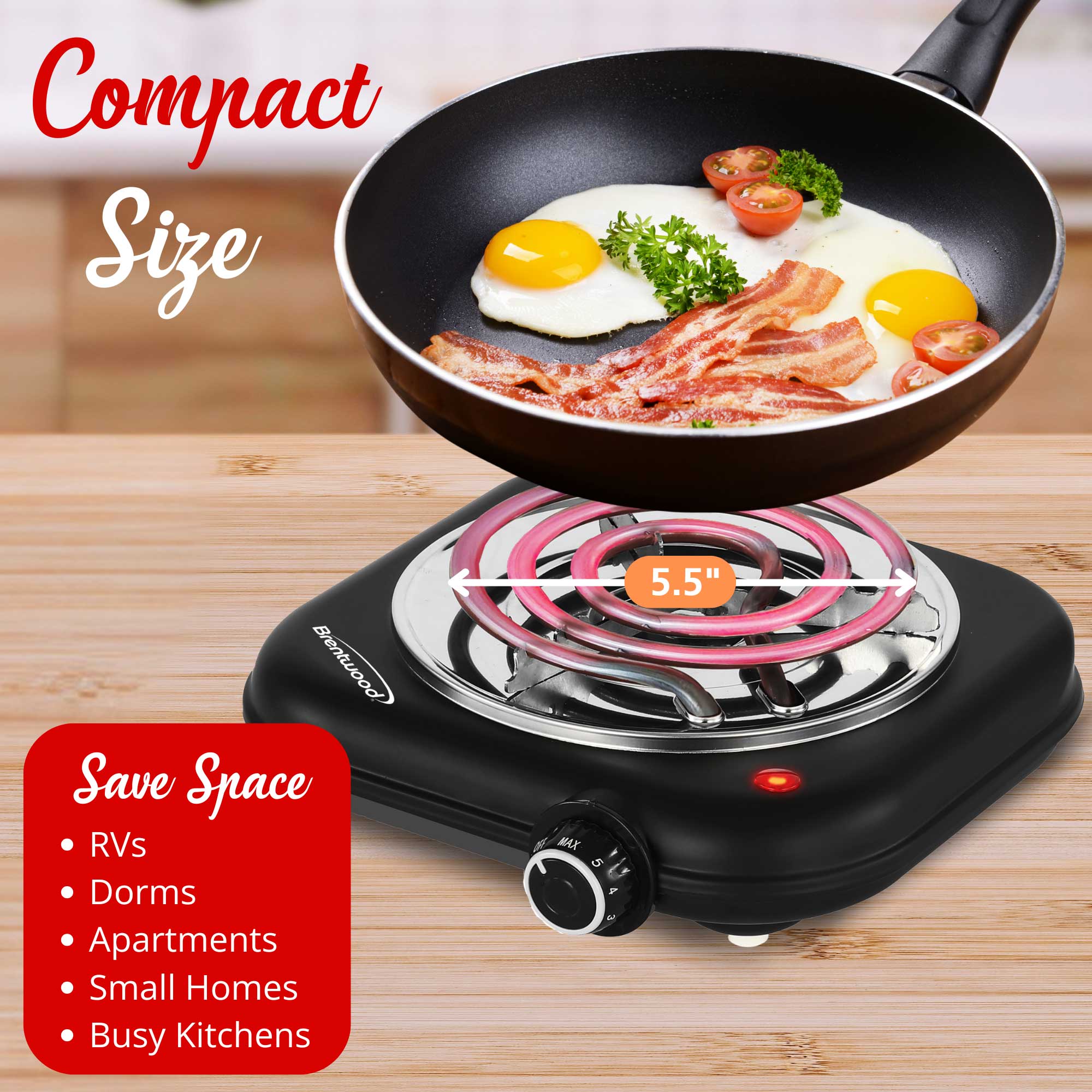 Brentwood TS-323BK 1100w Countertop Single Coiled Electric Burner with Temperature Control and Power Indicator Light, Easy to Clean, Black