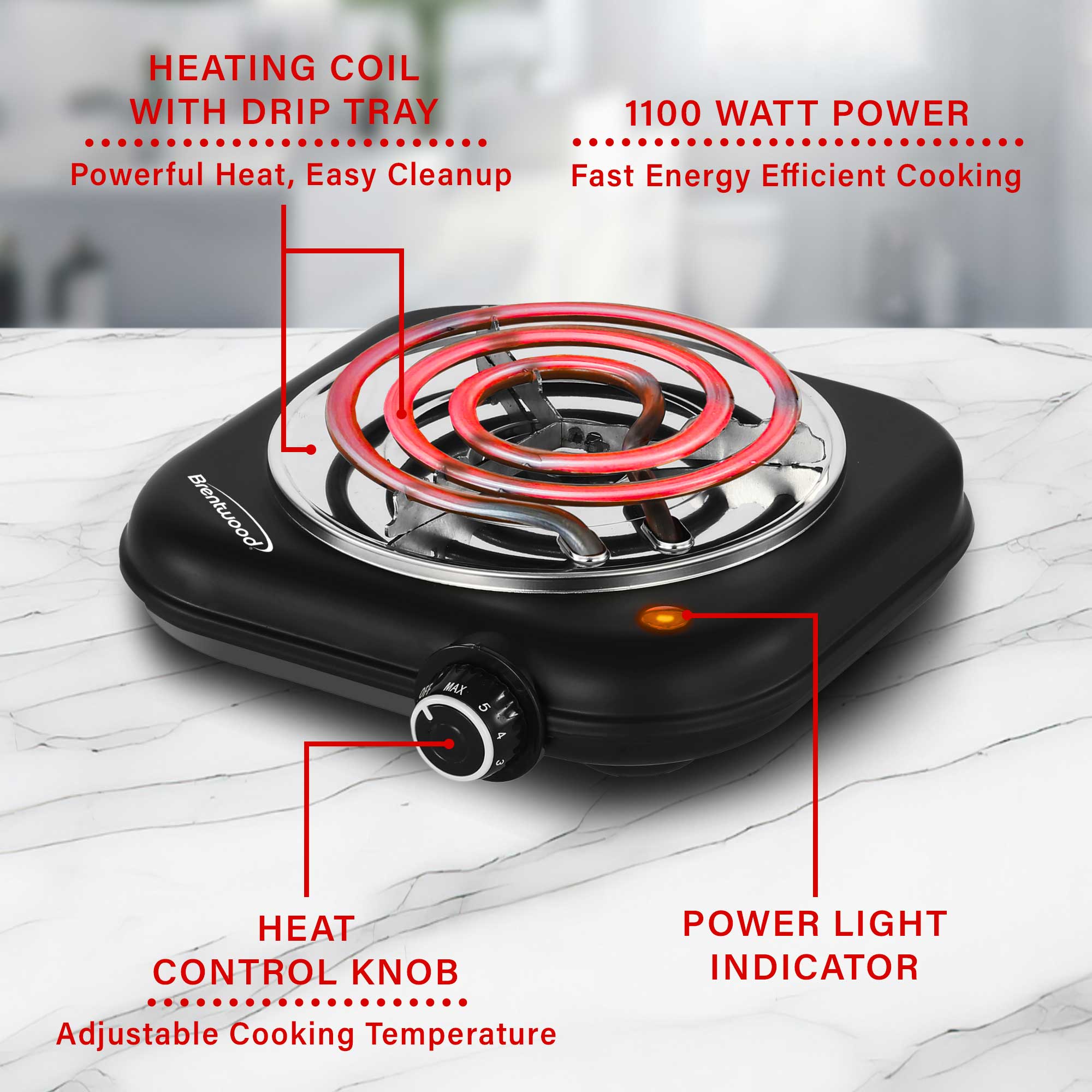 Brentwood TS-323BK 1100w Countertop Single Coiled Electric Burner with Temperature Control and Power Indicator Light, Easy to Clean, Black
