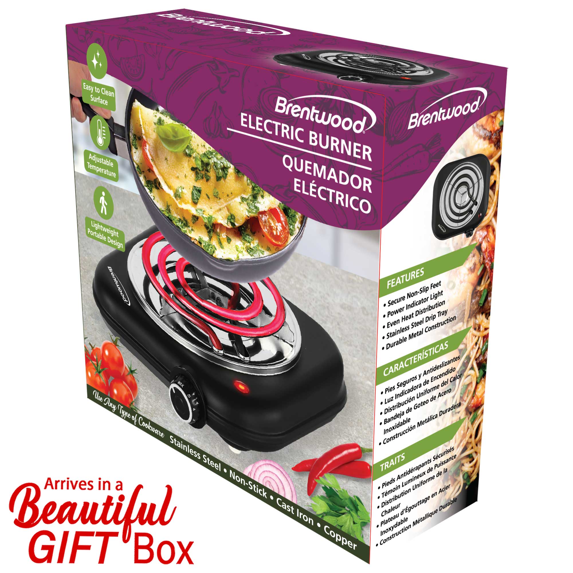 Brentwood TS-323BK 1100w Countertop Single Coiled Electric Burner with Temperature Control and Power Indicator Light, Easy to Clean, Black