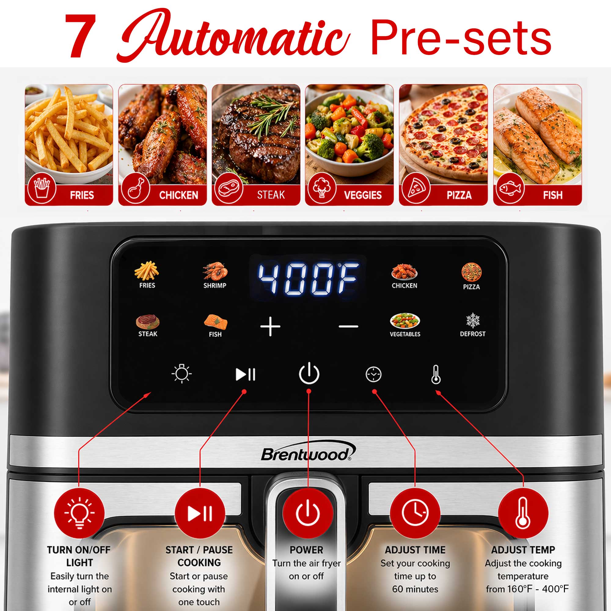 Brentwood AF-800DBK XL 8-Quart Digital Air Fryer with Clear View Window, Touch Display, 8 Presets, 60 Minute Timer & Temp. Control