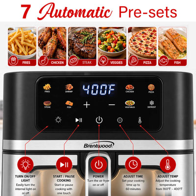 Brentwood AF-800DBK XL 8-Quart Digital Air Fryer with Clear View Window, Touch Display, 8 Presets, 60 Minute Timer & Temp. Control