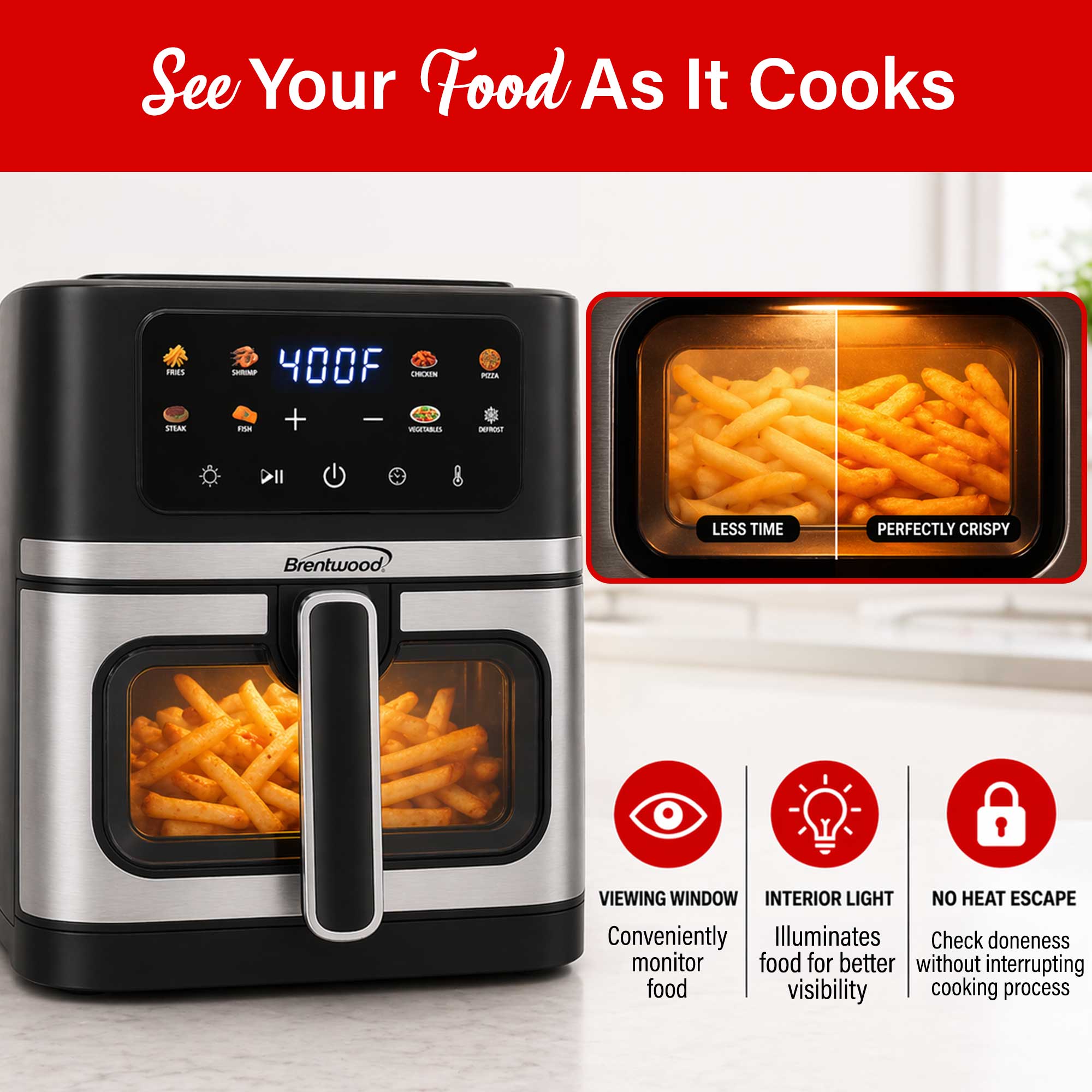 Brentwood AF-800DBK XL 8-Quart Digital Air Fryer with Clear View Window, Touch Display, 8 Presets, 60 Minute Timer & Temp. Control