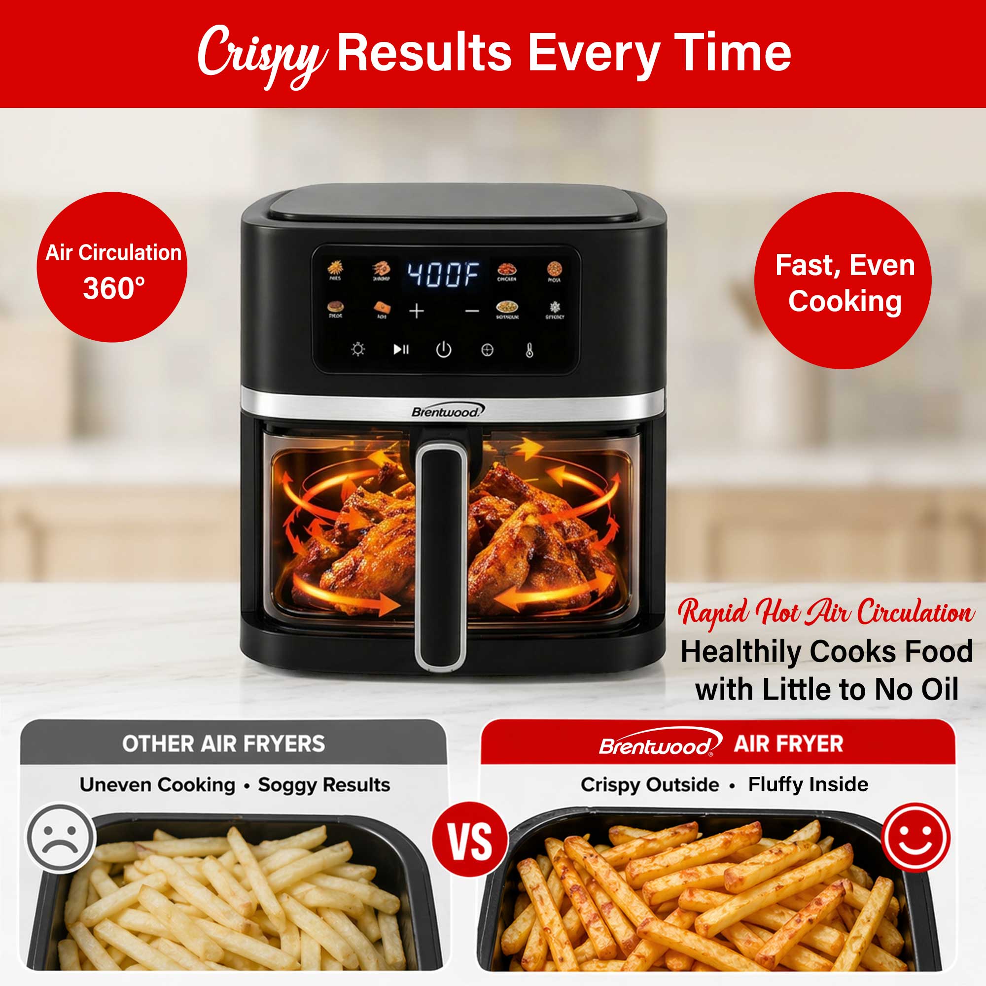 Brentwood AF-800DBK XL 8-Quart Digital Air Fryer with Clear View Window, Touch Display, 8 Presets, 60 Minute Timer & Temp. Control