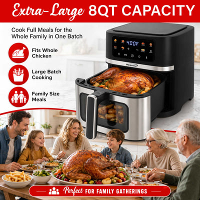 Brentwood AF-800DBK XL 8-Quart Digital Air Fryer with Clear View Window, Touch Display, 8 Presets, 60 Minute Timer & Temp. Control