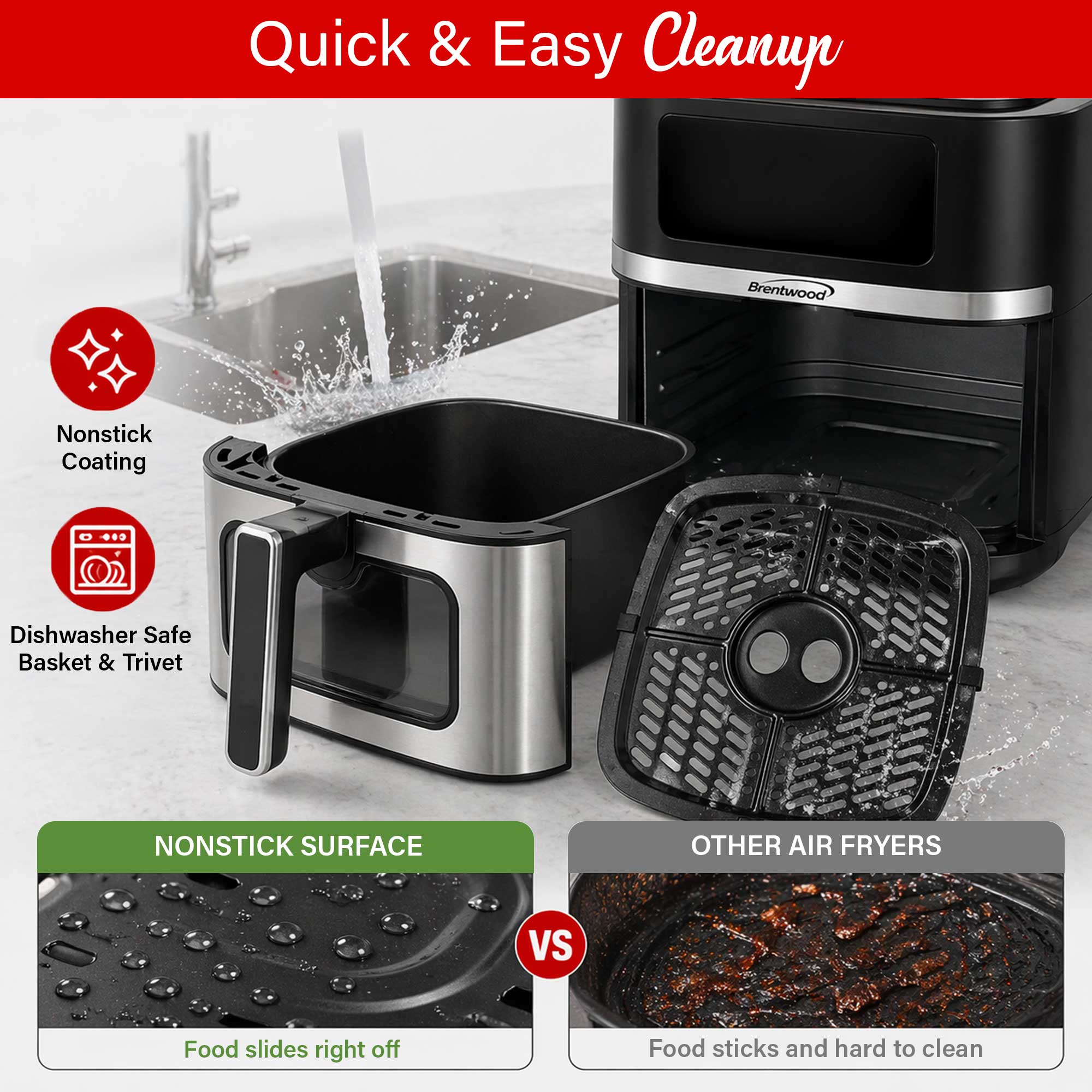 Brentwood AF-800DBK XL 8-Quart Digital Air Fryer with Clear View Window, Touch Display, 8 Presets, 60 Minute Timer & Temp. Control