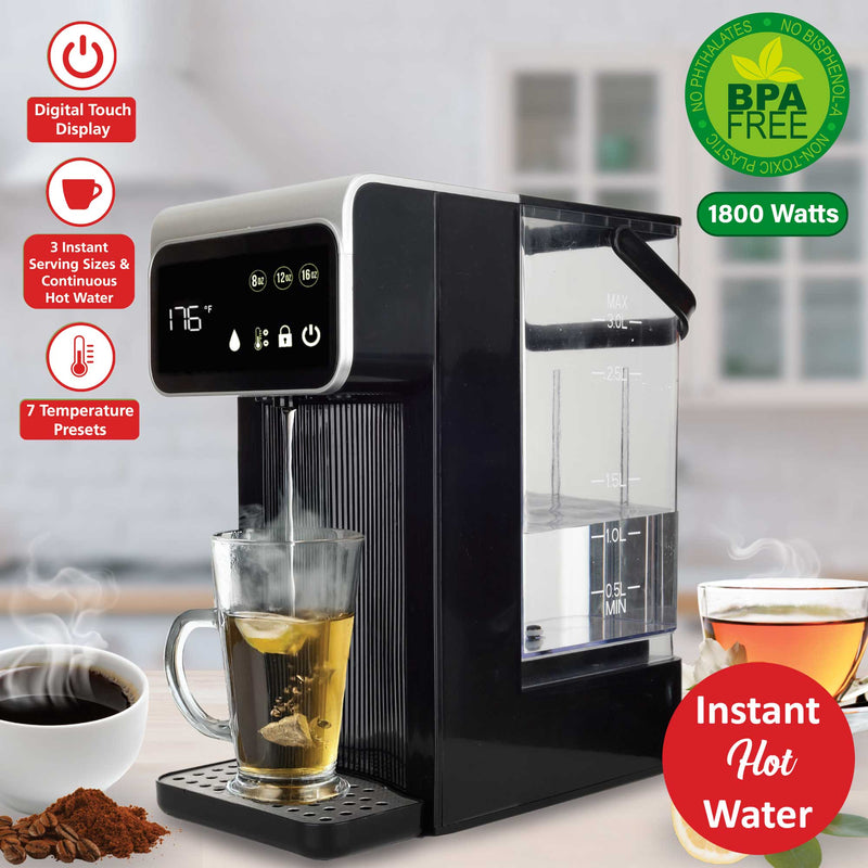 Brentwood KT-2300DBK 3-Liter 1800w Digital Instant Hot Water Dispenser with 7 Temperature Presets, 4 Water Volume Options, Large Carry Handle, and Child Safety Lock, BPA Free, Black
