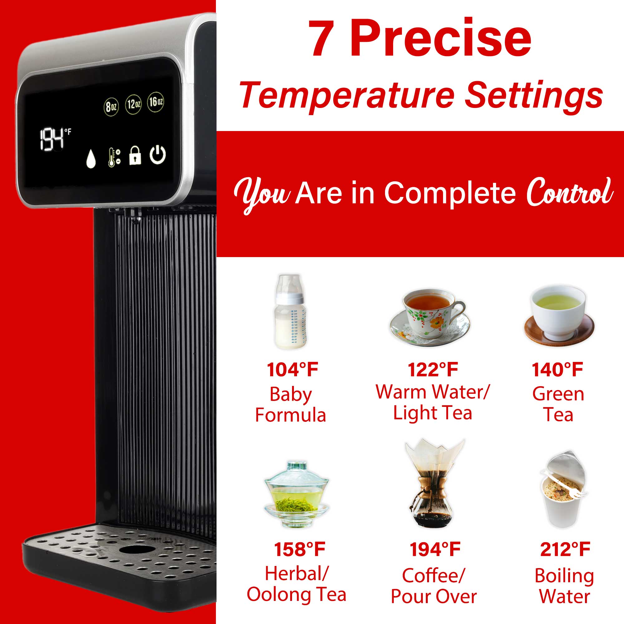 Brentwood KT-2300DBK 3-Liter 1800w Digital Instant Hot Water Dispenser with 7 Temperature Presets, 4 Water Volume Options, Large Carry Handle, and Child Safety Lock, BPA Free, Black