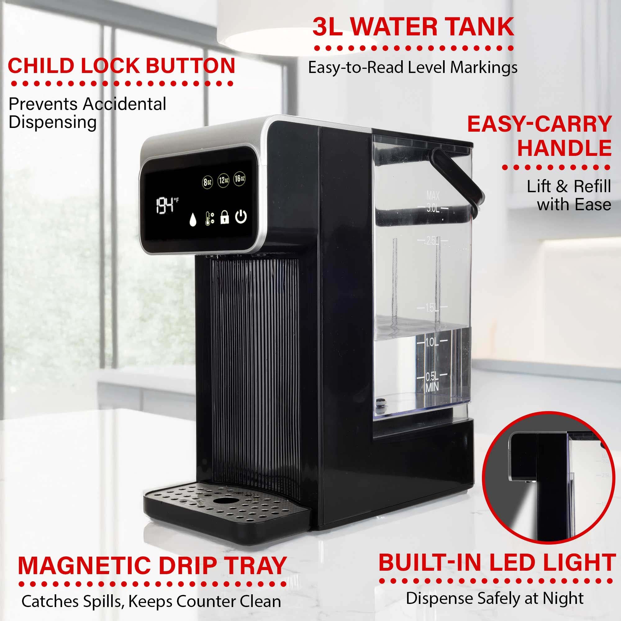 Brentwood KT-2300DBK 3-Liter 1800w Digital Instant Hot Water Dispenser with 7 Temperature Presets, 4 Water Volume Options, Large Carry Handle, and Child Safety Lock, BPA Free, Black