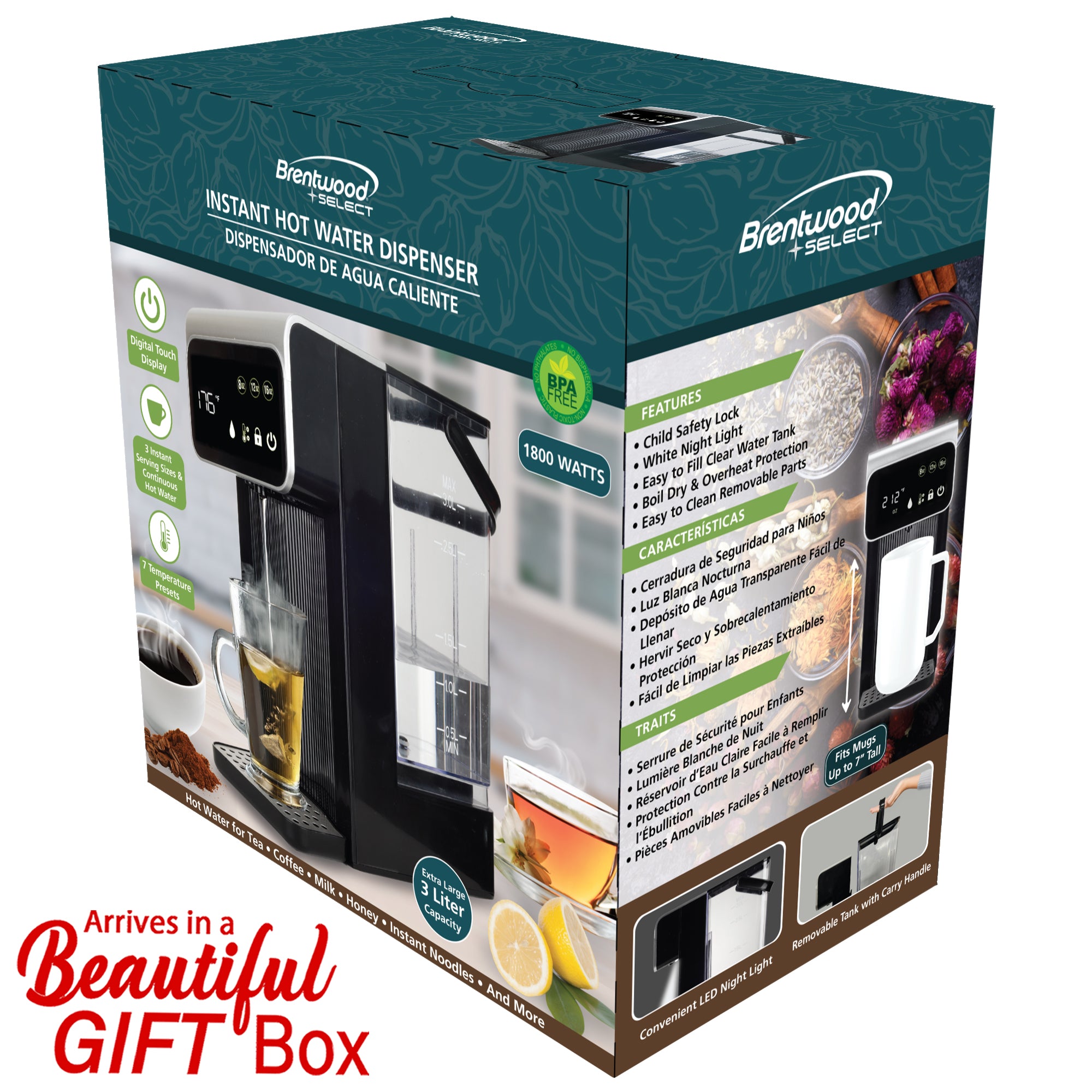 Brentwood KT-2300DBK 3-Liter 1800w Digital Instant Hot Water Dispenser with 7 Temperature Presets, 4 Water Volume Options, Large Carry Handle, and Child Safety Lock, BPA Free, Black