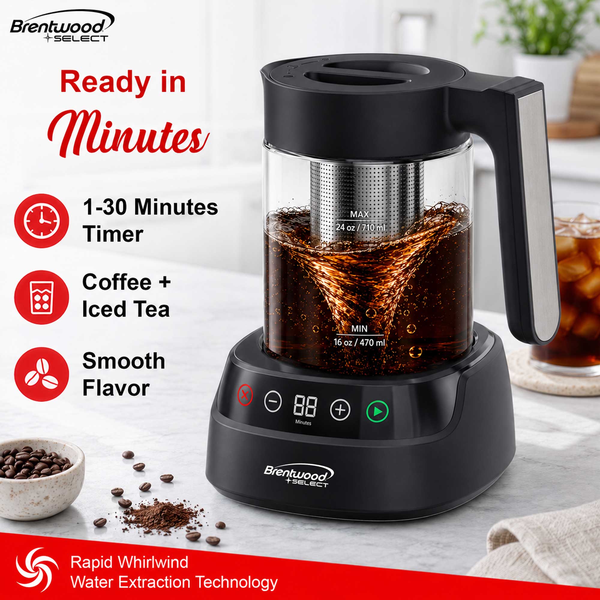 Brentwood Select TS-406DBK 24oz Rapid Cold Brew Coffee and Iced Tea Maker with Digital Touch Display, Dishwasher Safe Glass Pitcher, and Stainless Steel Filter, Black