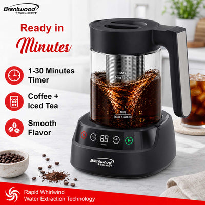 Brentwood Select TS-406DBK 24oz Rapid Cold Brew Coffee and Iced Tea Maker with Digital Touch Display, Dishwasher Safe Glass Pitcher, and Stainless Steel Filter, Black