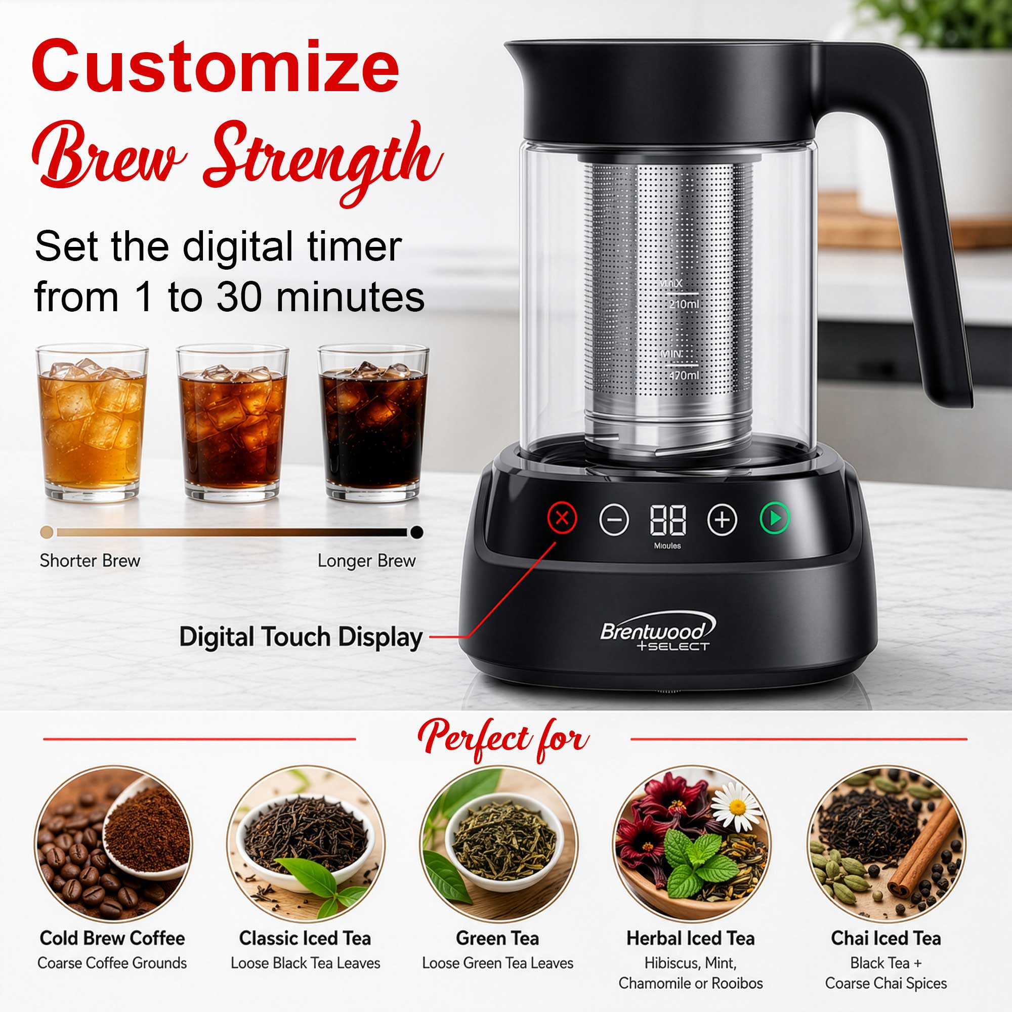 Brentwood Select TS-406DBK 24oz Rapid Cold Brew Coffee and Iced Tea Maker with Digital Touch Display, Dishwasher Safe Glass Pitcher, and Stainless Steel Filter, Black