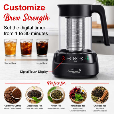 Brentwood Select TS-406DBK 24oz Rapid Cold Brew Coffee and Iced Tea Maker with Digital Touch Display, Dishwasher Safe Glass Pitcher, and Stainless Steel Filter, Black