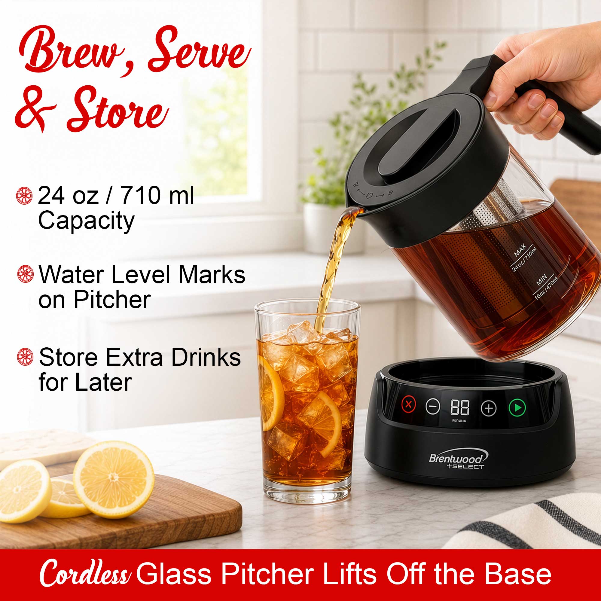Brentwood Select TS-406DBK 24oz Rapid Cold Brew Coffee and Iced Tea Maker with Digital Touch Display, Dishwasher Safe Glass Pitcher, and Stainless Steel Filter, Black