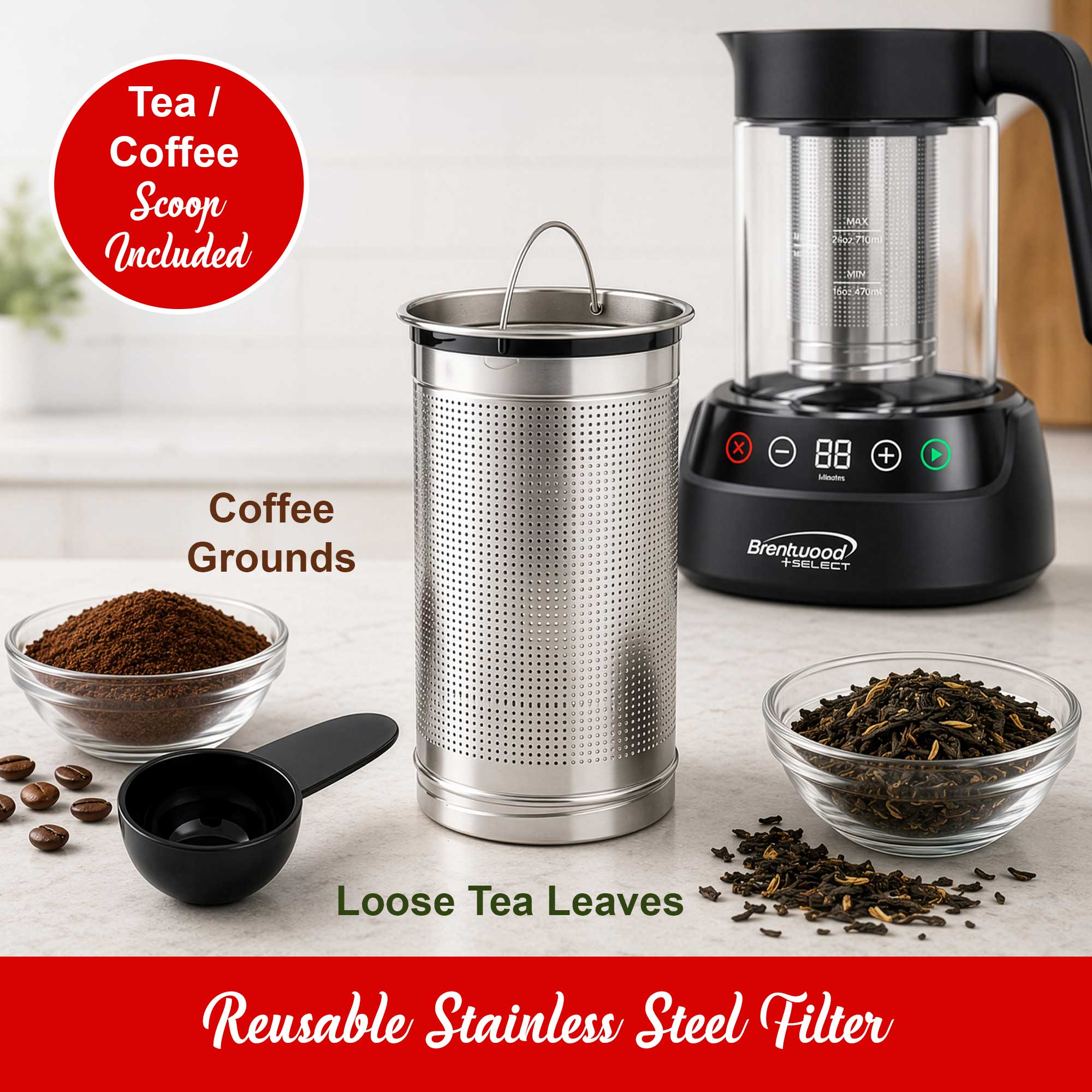 Brentwood Select TS-406DBK 24oz Rapid Cold Brew Coffee and Iced Tea Maker with Digital Touch Display, Dishwasher Safe Glass Pitcher, and Stainless Steel Filter, Black