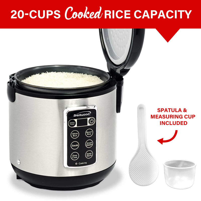 Brentwood RC-5110DS 10-Cups Cooked/5-Cups Uncooked 7-Function Smart Rice Multi-Cooker – Food Steamer, Slow Cooker, Sauté, Keep Warm, and Delay Timer, Stainless Steel