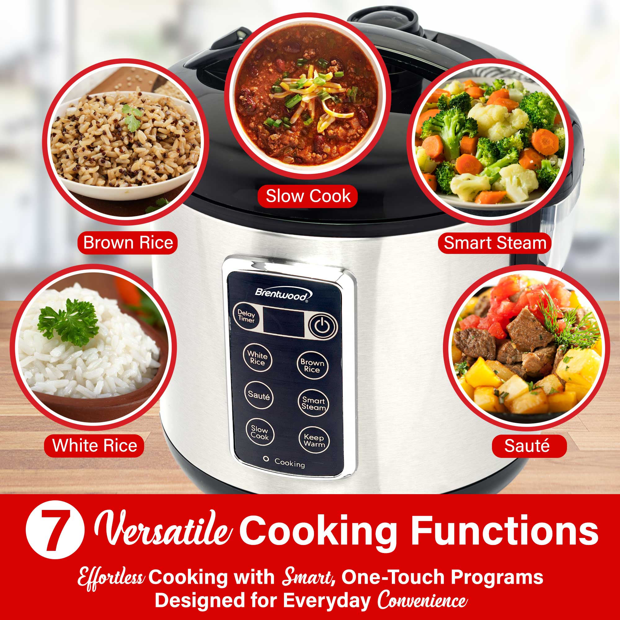 Brentwood RC-5110DS 10-Cups Cooked/5-Cups Uncooked 7-Function Smart Rice Multi-Cooker – Food Steamer, Slow Cooker, Sauté, Keep Warm, and Delay Timer, Stainless Steel
