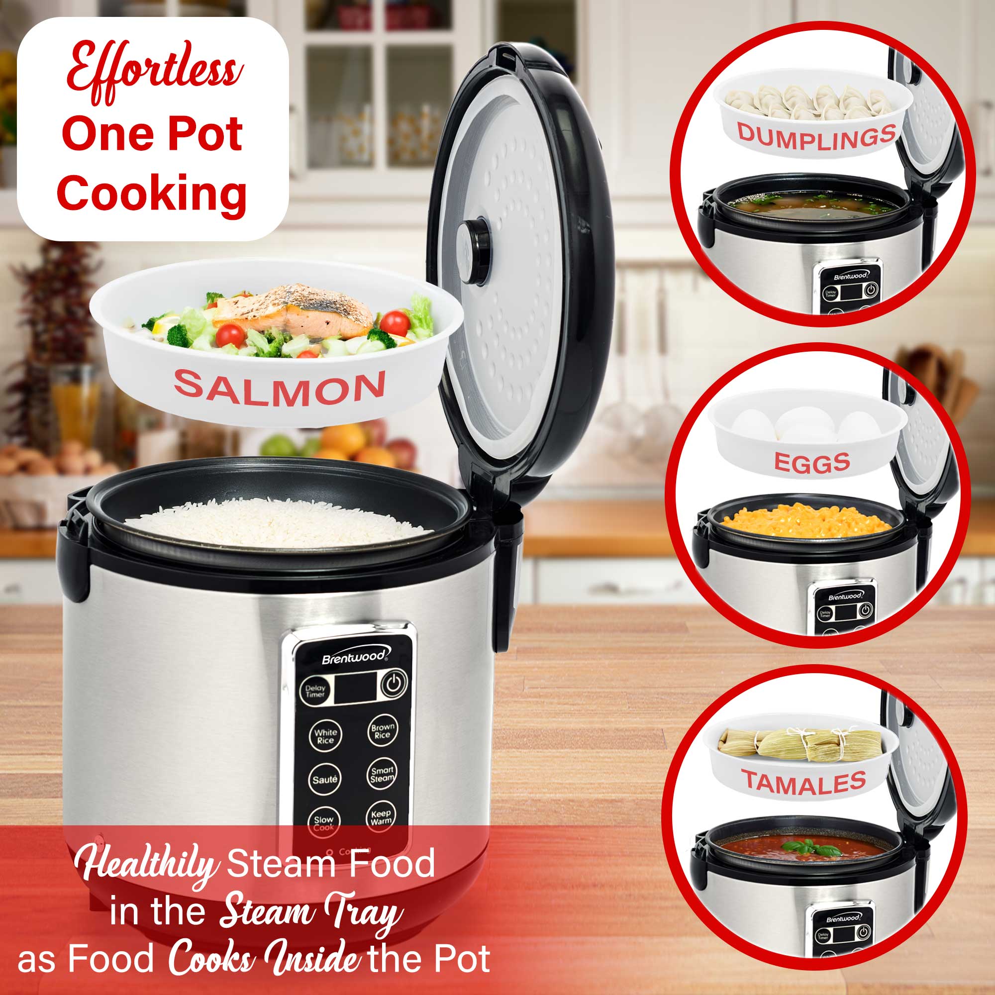 Brentwood RC-5110DS 10-Cups Cooked/5-Cups Uncooked 7-Function Smart Rice Multi-Cooker – Food Steamer, Slow Cooker, Sauté, Keep Warm, and Delay Timer, Stainless Steel