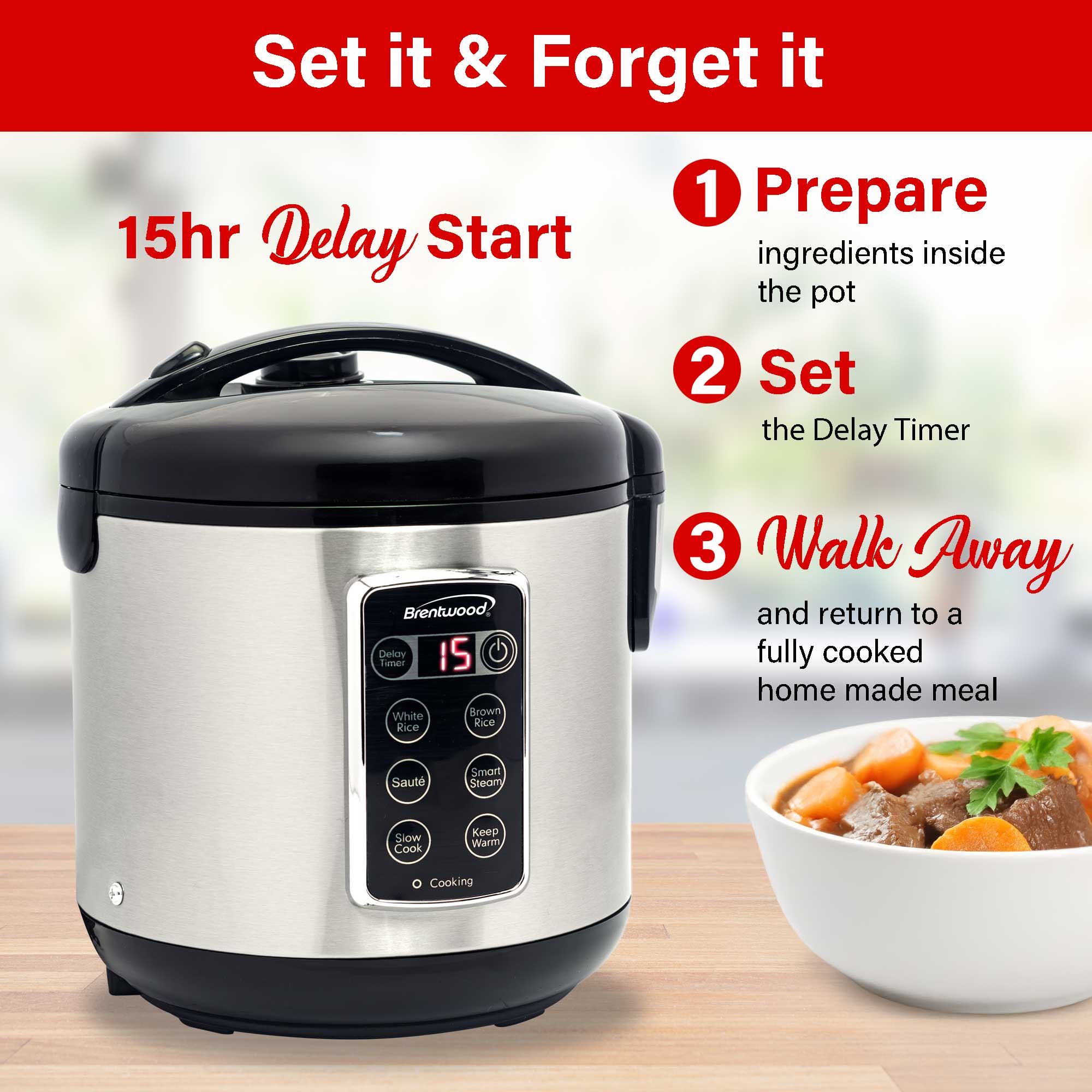 Brentwood RC-5110DS 10-Cups Cooked/5-Cups Uncooked 7-Function Smart Rice Multi-Cooker – Food Steamer, Slow Cooker, Sauté, Keep Warm, and Delay Timer, Stainless Steel