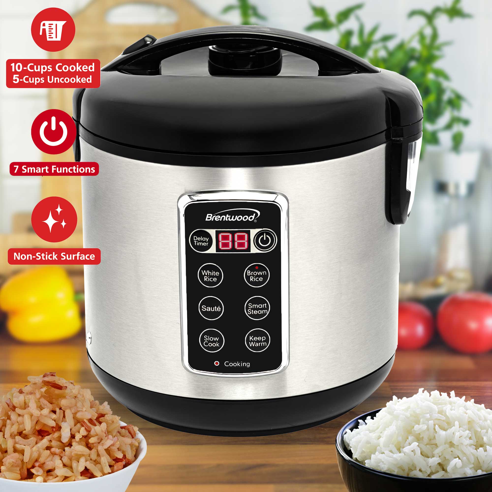 Brentwood RC-5110DS 10-Cups Cooked/5-Cups Uncooked 7-Function Smart Rice Multi-Cooker – Food Steamer, Slow Cooker, Sauté, Keep Warm, and Delay Timer, Stainless Steel
