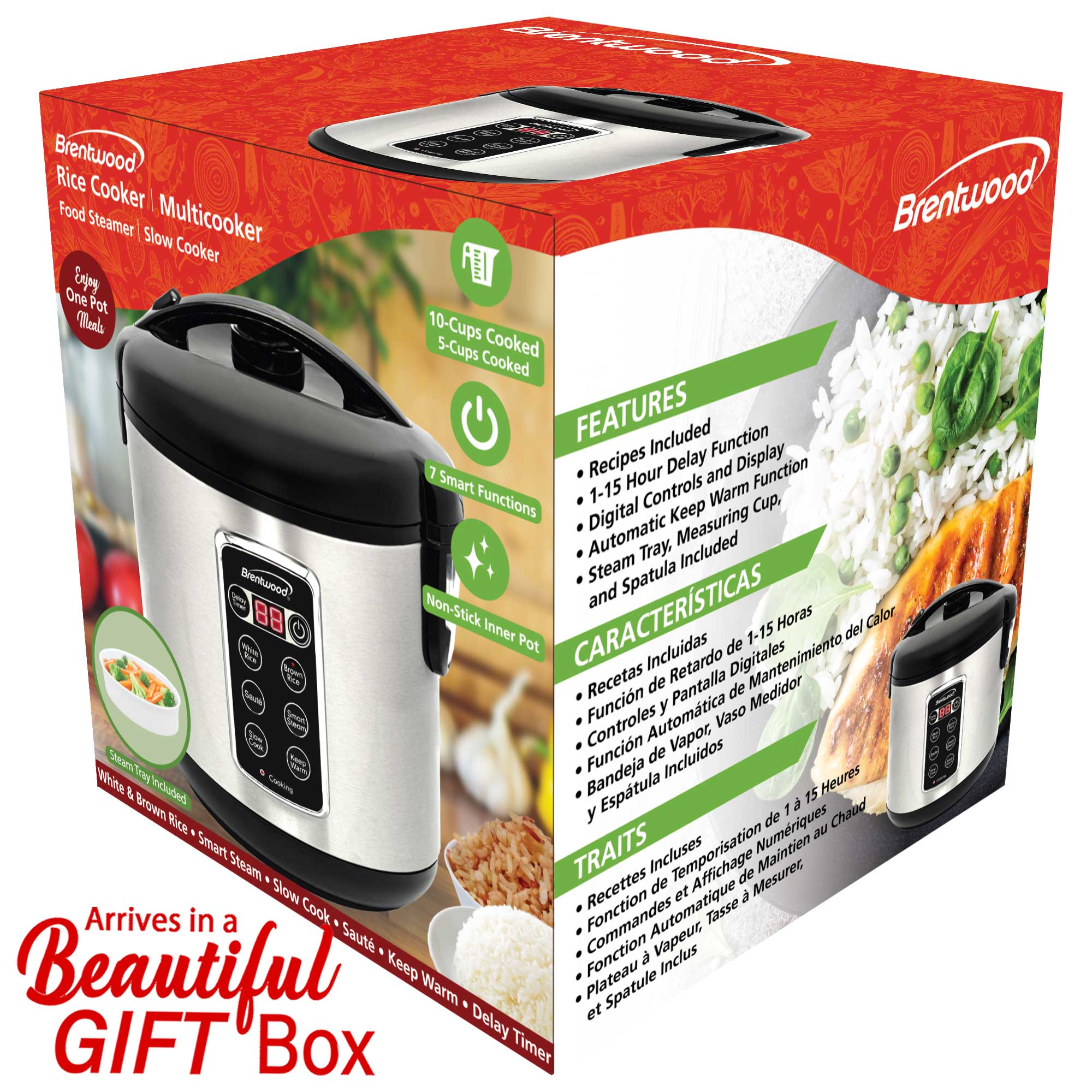 Brentwood RC-5110DS 10-Cups Cooked/5-Cups Uncooked 7-Function Smart Rice Multi-Cooker – Food Steamer, Slow Cooker, Sauté, Keep Warm, and Delay Timer, Stainless Steel