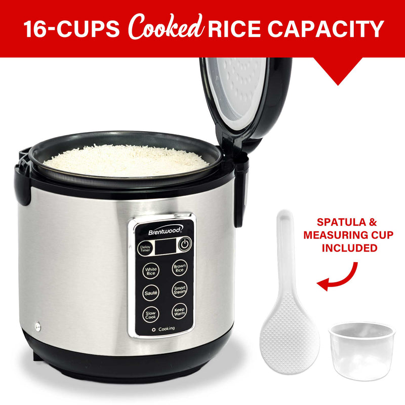 Brentwood RC-5116DS 16-Cups Cooked/8-Cups Uncooked 6-Function Smart Multi-Cooker – Rice Cooker, Food Steamer, Slow Cooker, Sauté, Keep Warm, and Delay Time, Steam Tray, Measuring Cup, and Spatula, Stainless Steel