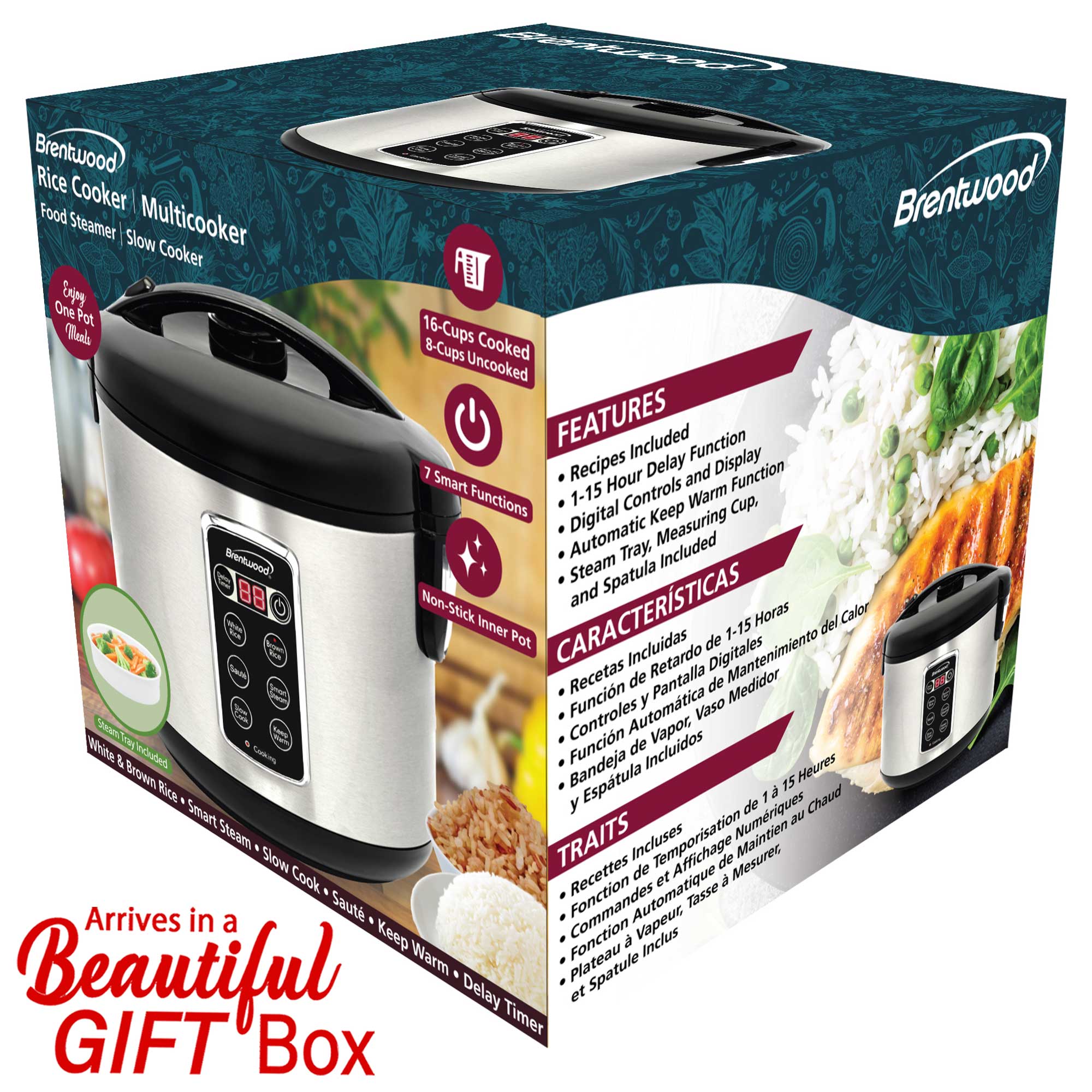 Brentwood RC-5116DS 16-Cups Cooked/8-Cups Uncooked 6-Function Smart Multi-Cooker – Rice Cooker, Food Steamer, Slow Cooker, Sauté, Keep Warm, and Delay Time, Steam Tray, Measuring Cup, and Spatula, Stainless Steel