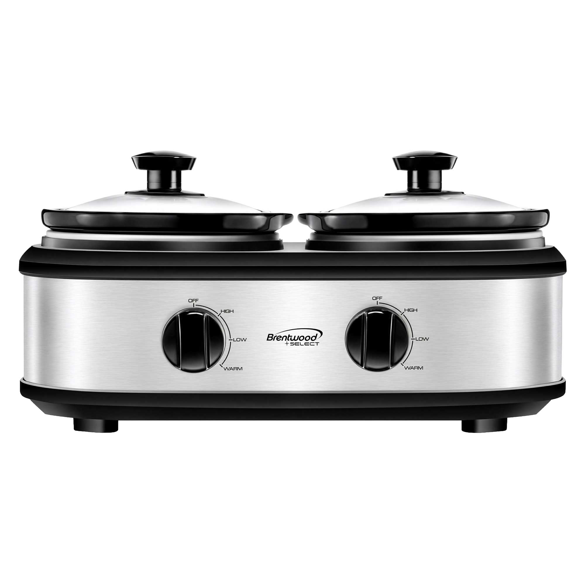 Brentwood Select SC-2X125S Double Slow Cooker, Buffet Server, and Food Warmer, 2 x 1.25 Quart Pots, Adjustable Temperature, Tempered Glass Lids, Stainless Steel