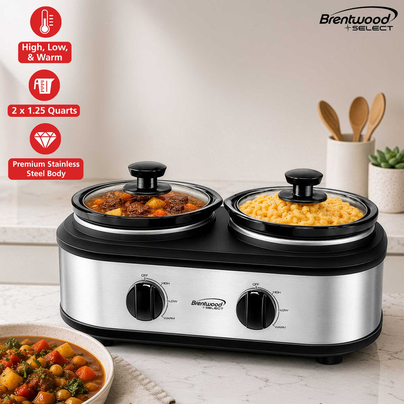 Brentwood Select SC-2X125S Double Slow Cooker, Buffet Server, and Food Warmer, 2 x 1.25 Quart Pots, Adjustable Temperature, Tempered Glass Lids, Stainless Steel