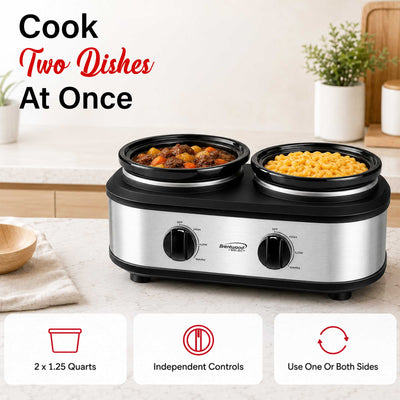 Brentwood Select SC-2X125S Double Slow Cooker, Buffet Server, and Food Warmer, 2 x 1.25 Quart Pots, Adjustable Temperature, Tempered Glass Lids, Stainless Steel