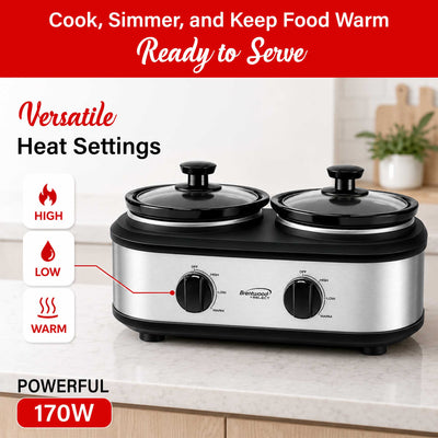 Brentwood Select SC-2X125S Double Slow Cooker, Buffet Server, and Food Warmer, 2 x 1.25 Quart Pots, Adjustable Temperature, Tempered Glass Lids, Stainless Steel